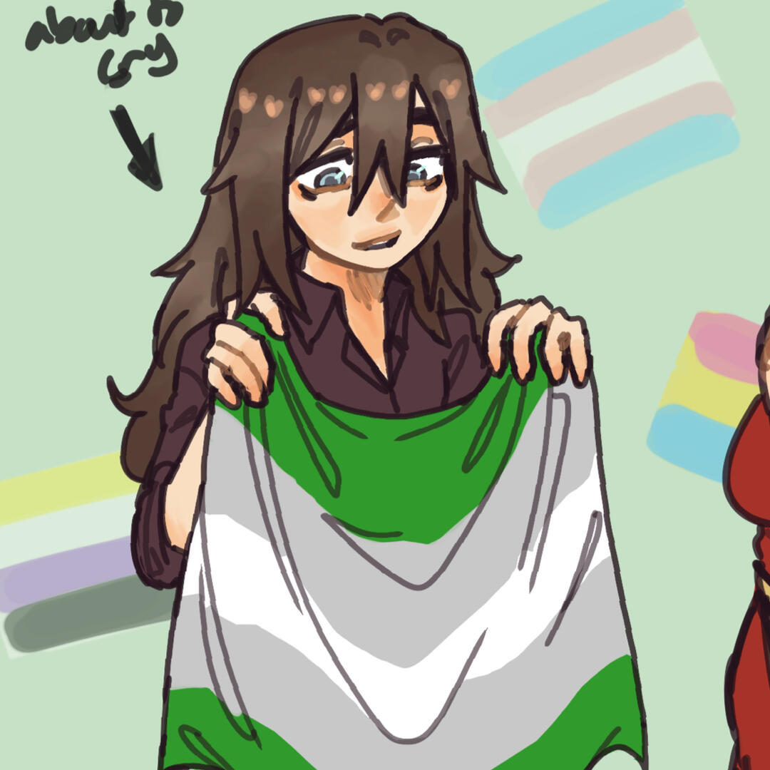 Drawing of a brown haired nonbinary guy in a deep red/purple button up shirt. Holding the greyromantic pride flag with flags for pansexual, trans, and nonbinary translucent in the background.