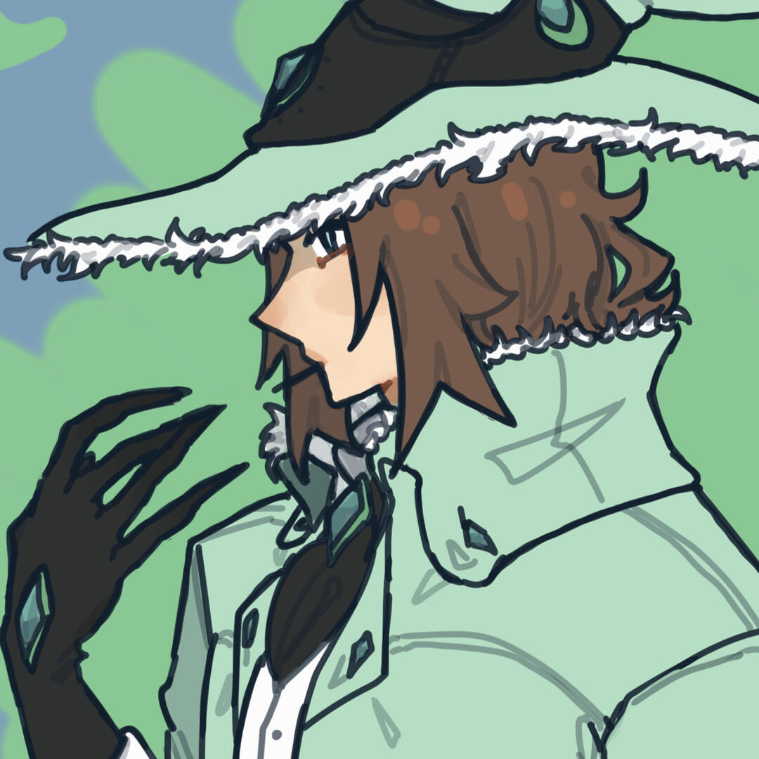#myme Drawing of a brown haired nonbinary guy in a pastel mint green outfit including a witch's hat, a fur lined coat, and a clawed hand.